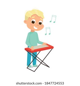 Funny Boy Standing and Playing Keyboard Vector Illustration