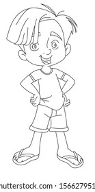A funny boy stands smiling - coloring page