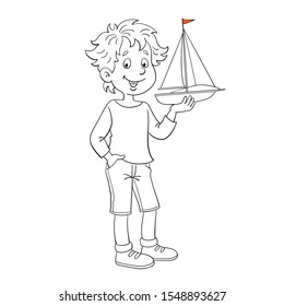 Funny boy stands with a toy yacht in his hands. Black and white picture with red accent. In cartoon style. Isolated on white background. For coloring book. Vector illustration.