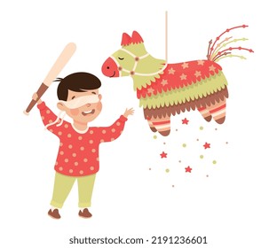 Funny Boy Striking and Hitting Pinata Hanging on String with Stick Vector Illustration