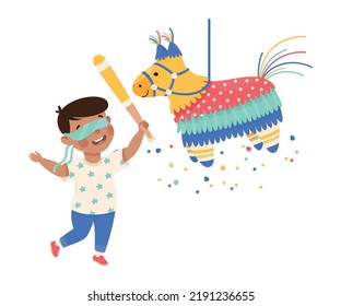 Funny Boy Striking and Hitting Pinata Hanging on String with Stick Vector Illustration