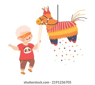Funny Boy Striking and Hitting Pinata Hanging on String with Stick Vector Illustration
