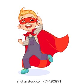 Niño gracioso disfrazado de Super Hero con una máscara roja y que desarrolla el velo. Dibujo vectorial Super niño sonriendo de oído a oído, gesto de mano ganadora.