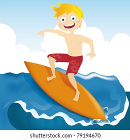 Funny boy surfing a wave