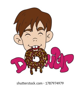 Funny boy takes a bite of his donut,Vector children's illustration