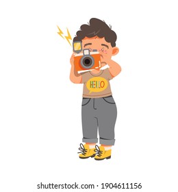 Funny Boy Taking Photograph with Camera Vector Illustration