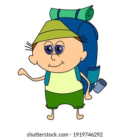 Funny boy tourist isolated on white background. Character in a cap and with a backpack. Summer travel, camping, hiking. Blue-green colors. Flat design with black outline. Vector.