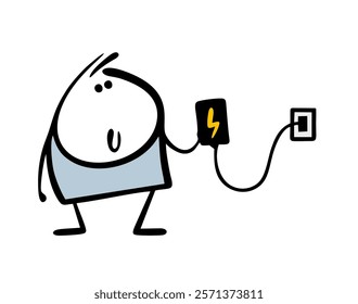 Funny boy turned on the phone charger. Vector illustration of retro wire, socket and smartphone in  stickman hand. Isolated cartoon character on white background.