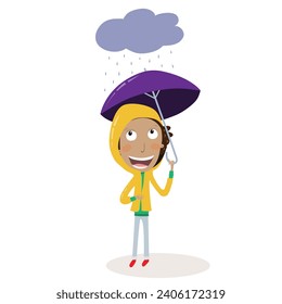 Funny boy with an umbrella and yellow raincoat raining outside. Vector Illustration.