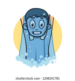 Funny boy under cold shower. Flat design icon. Colorful flat vector illustration. Isolated on white background.