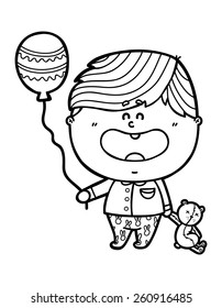 funny Boy. Vector illustration coloring page of happy cartoon friendly Baby boy holding a balloon and bear for children and scrap book