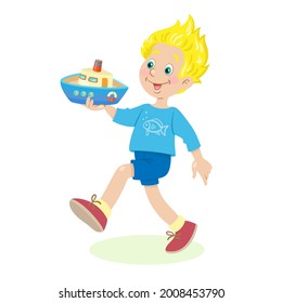 Un chico gracioso camina con un barco de juguete en sus manos. Al estilo de las caricaturas. Aislado sobre fondo blanco. Ilustración plana del vector