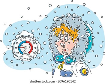 Funny boy in a warm winter jacket with a hood looking at a round window thermometer on a frosty and snowy winter day, vector cartoon illustration on a white background