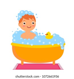 
Funny boy washes in the bathroom with a yellow rubber duck. Flat vector illustration isolated on white background in cartoon style