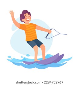 Gracioso niño esquí acuático Doing Water Sport Activity Vector Illustración