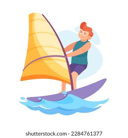 Gracioso niño Windsurf Doing Water Sport Activity Vector Illustración