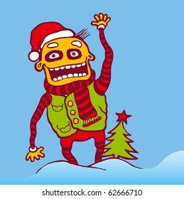 funny boy and xmas tree. color vector illustration
