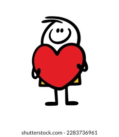 Funny boyfriend brought a big heart to her girlfriend asking to marry him. Vector illustration of stick figure boy in love and romantic gift.