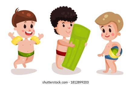 Funny Boys in Beach Wear with Rubber Ring and Armband Swimming and Playing Vector Illustration Set