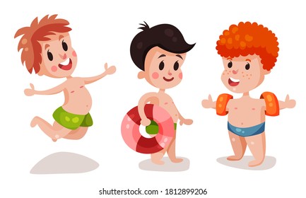 Funny Boys in Beach Wear with Rubber Ring and Armband Swimming and Playing Vector Illustration Set