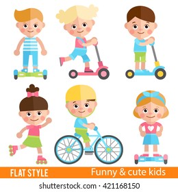 Funny boys and girls riding on scooters, roller skates and bike. Cute children sports ride. Set of characters in  flat style. Boy's on scooter. Boys on a skateboard.