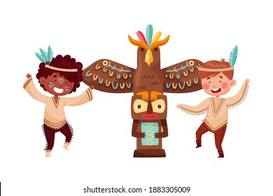 Funny Boys in Indian Costumes Dancing Near Bird Totem Vector Illustration