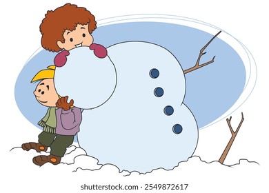 Meninos engraçados fazem boneco de neve no inverno. Gente engraçada. Modelo de conceito de ilustração para site, página inicial da Web, banner, apresentação, social, cartaz, promoção ou mídia impressa.