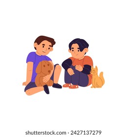 Funny boys play with soft stuffed toys together. Cute children, brothers sit on floor, talk. Happy friends fun in kindergarten. Childs friendship. Flat isolated vector illustration on white background