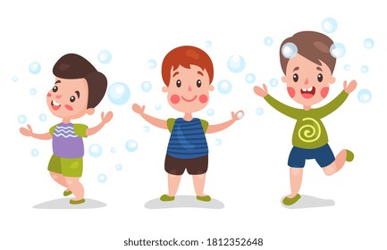 Funny Boys Playing and Blowing Soap Bubbles Vector Illustration Set