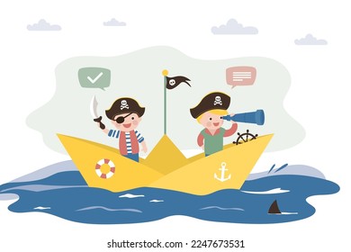 Funny boys are playing pirates. Cute children float on paper boat on sea. Children dressed as pirates. Little sailors on pirate ship, kids game, imagination. Entertainment, friendship concept. vector