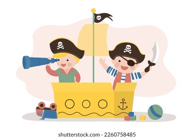 Funny boys playing pirates. Cute children sitting in cardboard box like in pirate ship. Preschooler boys dressed as pirates. Little sailors, kids game, imagination. Entertainment, friendship concept.