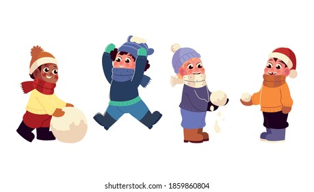 chicos divertidos jugando con bolas de nieve en la ilustración vectorial de la temporada de invierno