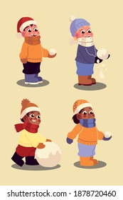 funny boys playing with the snowballs in winter vector illustration