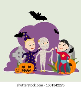 Funny boys in scary costume mummies, wizard and super hero for celebrating Halloween.Cemetery with tombstones, crosses, bats and carved pumpkins. Trick or treat. Vector
