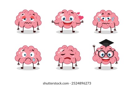 Divertido personaje de dibujos animados de cerebro con diferente Ilustración vectorial de actividad de pose