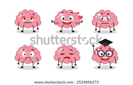 funny brain cartoon character with different pose activity vector illustration