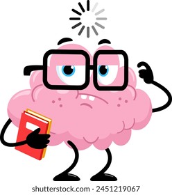 Funny Brain Cartoon Character Holding TextBooks And Thinks. Vector Illustration Flat Design Isolated On Transparent Background
