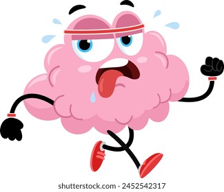 Funny Brain Cartoon Character Jogging. Vector Illustration Flat Design Isolated On Transparent Background