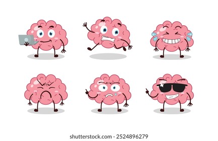 funny brain cartoon character with many pose activity vector illustration