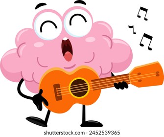 Funny Brain Cartoon Character Playing A Guitar And Singing. Vector Illustration Flat Design Isolated On Transparent Background