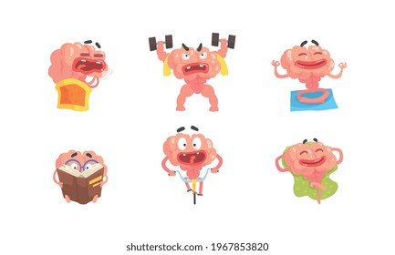 Funny Brain Cartoon Character Set, Humanized Brain Doing Sports, Cycling and Relaxing Cartoon Vector Illustration