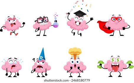 Funny Brain Cartoon Character. Vector Flat Design Collection Set Isolated On Transparent Background