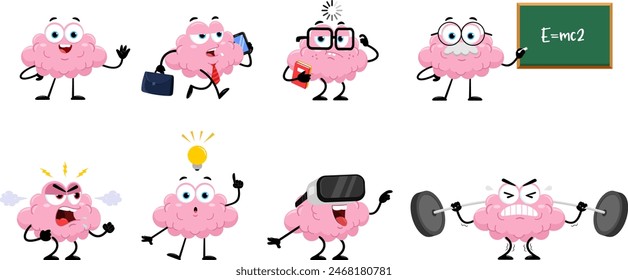 Funny Brain Cartoon Character. Vector Flat Design Collection Set Isolated On Transparent Background