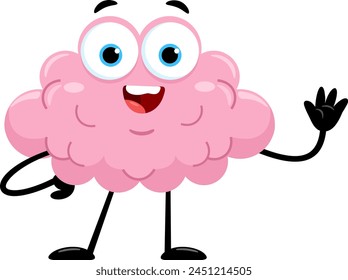 Funny Brain Cartoon Character Waving For Greeting. Vector Illustration Flat Design Isolated On Transparent Background