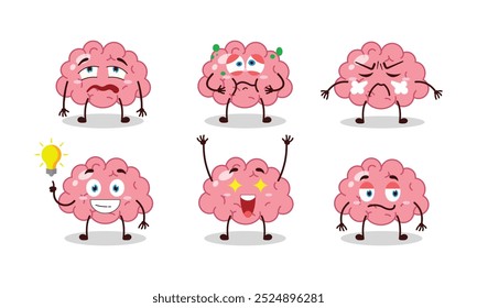 funny brain cartoon with different expressions vector illustration