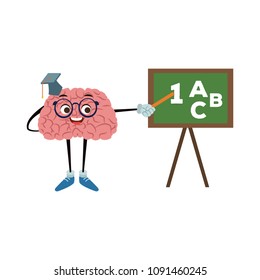 Funny brain cartoon exposing with blackboard