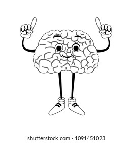 Funny brain cartoon with hands up on black and white colors