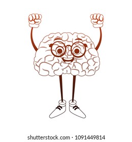 Funny brain cartoon with hands up in orange and white colors