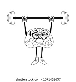 Funny brain cartoon lifting weights on black and white colors