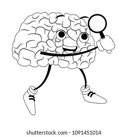 Funny brain cartoon with magnifying glass on black and white colors